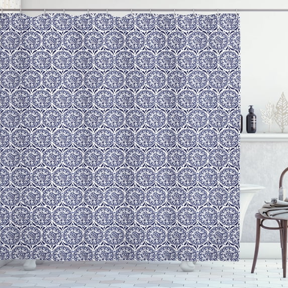 Ambesonne Floral Shower Curtain, Dots Lines Gzhel Ornament, 69"Wx84"L, Indigo and Pale Grey