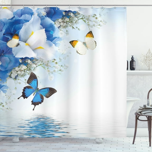 Ambesonne Floral Shower Curtain, Exotic Nature Flowers Pond, 69"Wx75"L, Blue and White