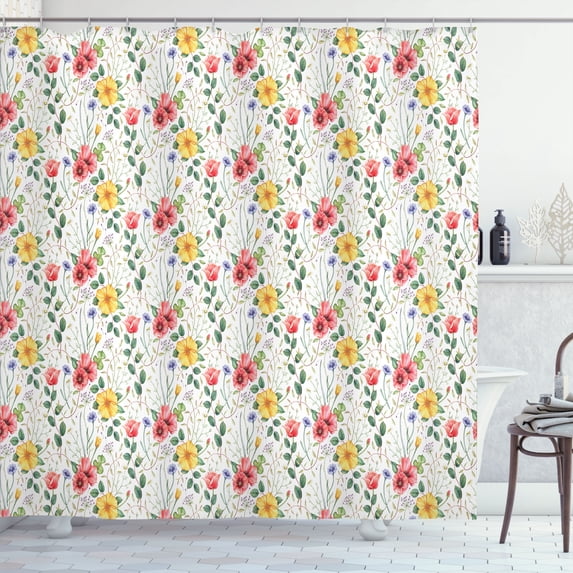 Ambesonne Floral Shower Curtain, Flowers Ivy Look Garden Art, 69"Wx70"L, Coral Mustard and Green