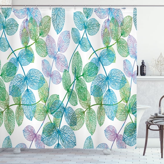 Ambesonne Floral Shower Curtain, Flowers Leaves Ivy Ombre, 69"Wx75"L, Fern Green Pale Blue