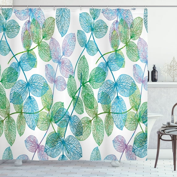 Ambesonne Floral Shower Curtain, Flowers Leaves Ivy Ombre, 69"Wx84"L, Fern Green Pale Blue