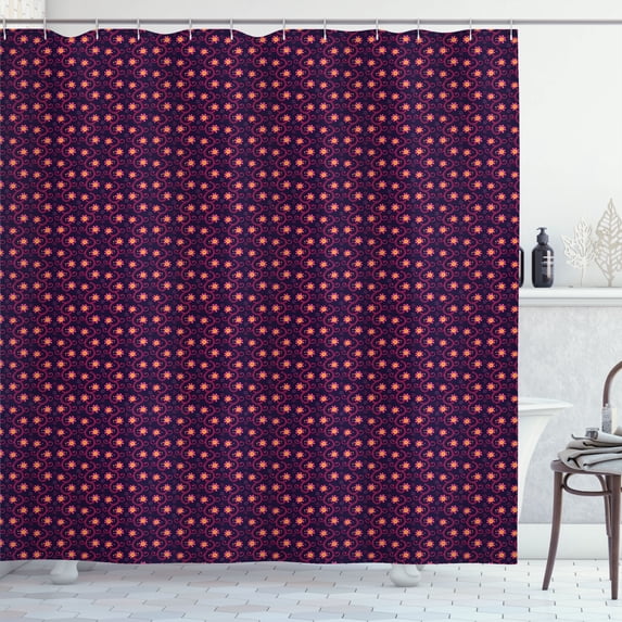 Ambesonne Floral Shower Curtain, Flowers Swirling Line, 69"Wx84"L, Dark Purple Magenta
