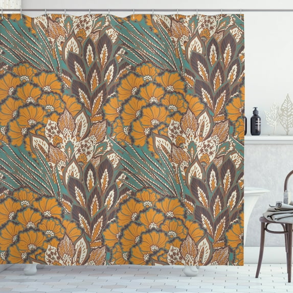 Ambesonne Floral Shower Curtain, Flowers and Peacock, 69"Wx84"L, Petrol Blue Pale Coffee
