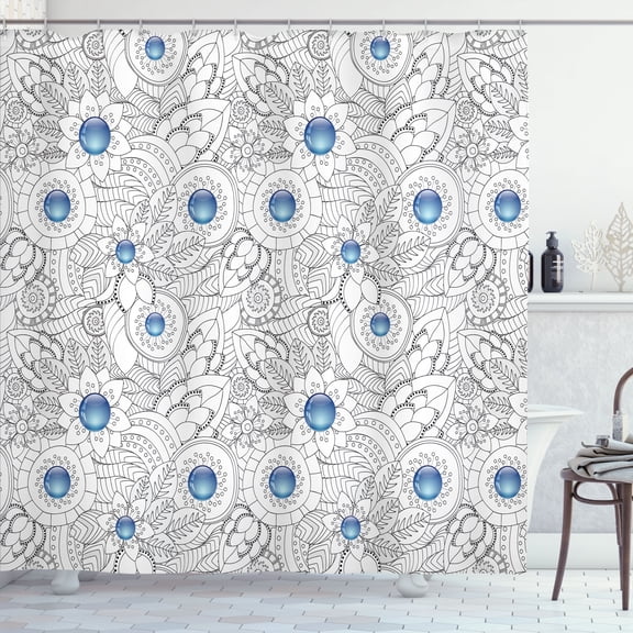 Ambesonne Floral Shower Curtain, Flowers with Blue Dots, 69"Wx75"L, Black White Blue