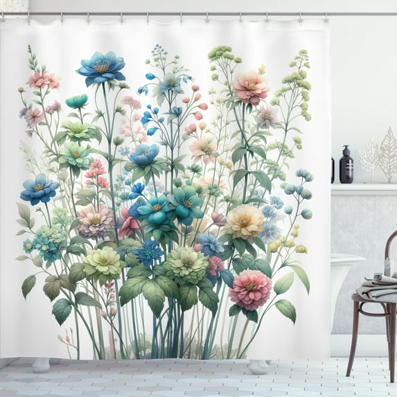 Ambesonne Floral Shower Curtain, Garden Peony Flowers Leaves, 69"Wx84"L, White Turquoise Salmon