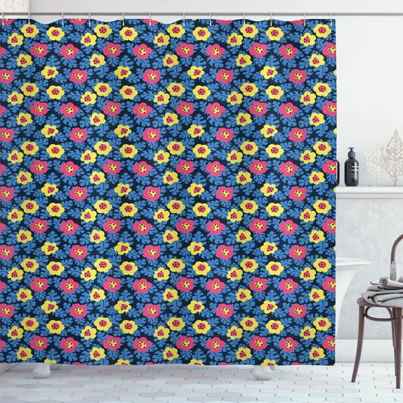 Ambesonne Floral Shower Curtain, Hand Drawn Simplistic Flower, 69"Wx84"L, Azure Blue Yellow Coral