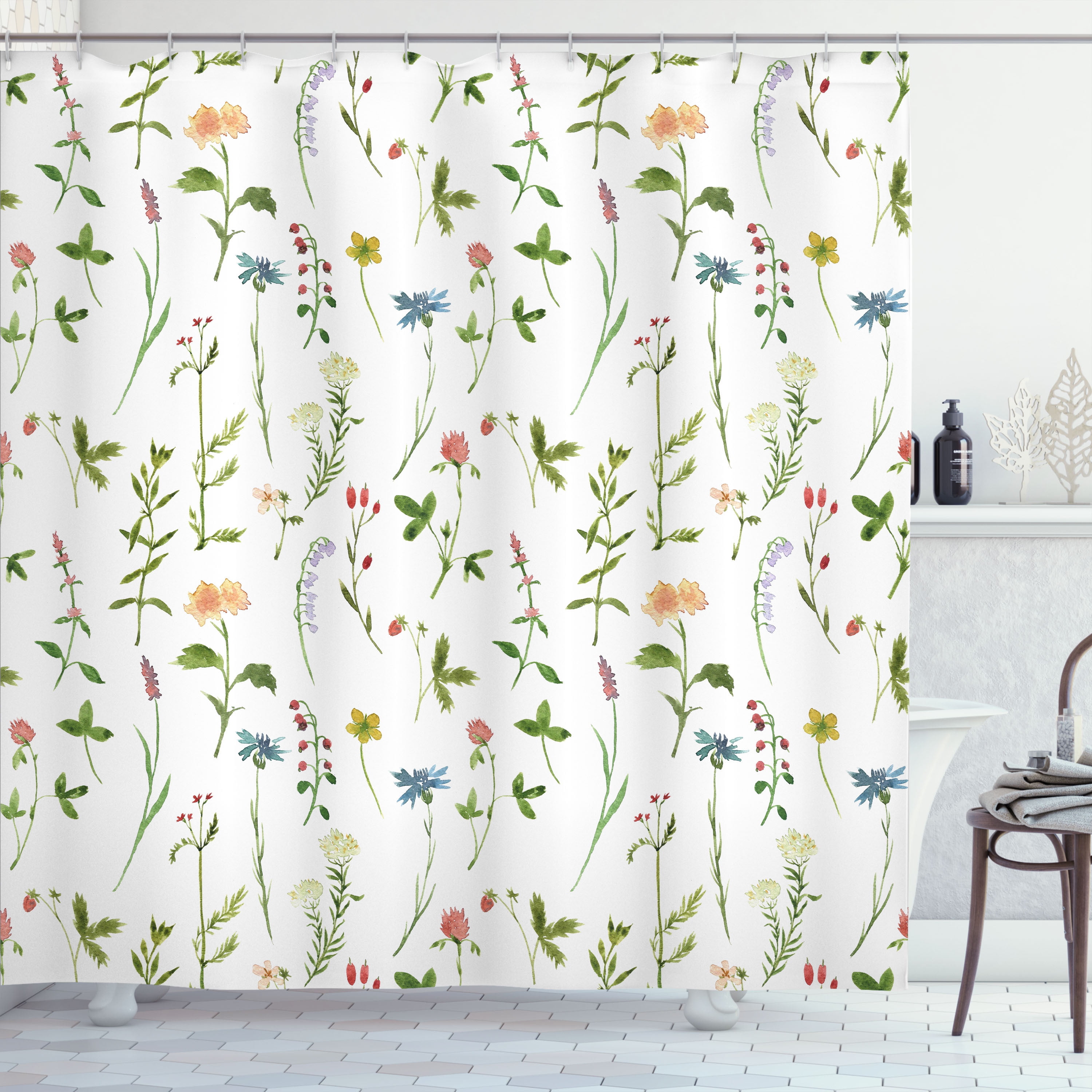 Floral Watercolor Print Light-Filtering Fabric Shower Curtain