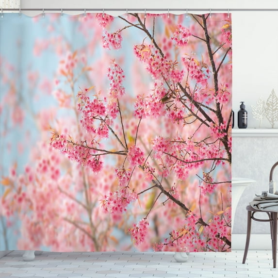 Ambesonne Floral Shower Curtain, Japanese Sakura Cherry, 69"Wx70"L, Pale Blue Pale Pink