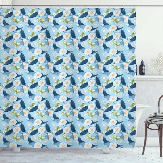 Ambesonne Floral Shower Curtain, Leaves and Blooming Flowers, 69"Wx75"L, Pale Blue Dark Sky Blue