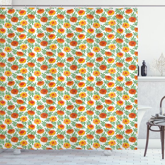 Ambesonne Floral Shower Curtain, Marigold Flowers with Leaves, 69"Wx75"L, Vermillion and Green