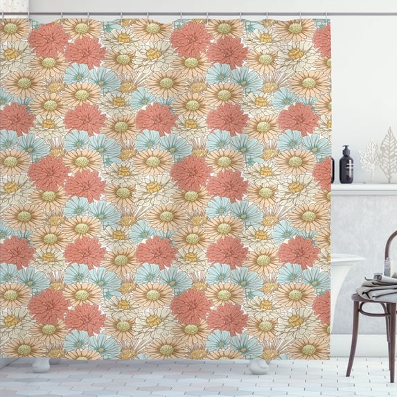 Ambesonne Floral Shower Curtain, Minimalist Floral Garden Art, 69"Wx84"L, Eggshell Coral and Beige