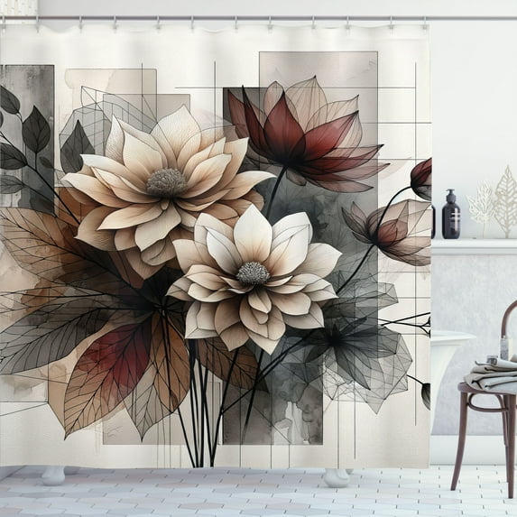 Ambesonne Floral Shower Curtain, Modern Boho Muted Flowers, 69"Wx75"L, Beige Pale Maroon Dusk