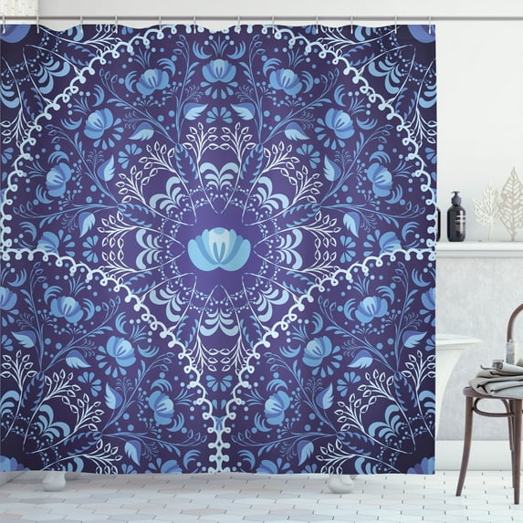Ambesonne Floral Shower Curtain, Oriental Circular Design, 69"Wx84"L, Navy Blue White and Blue
