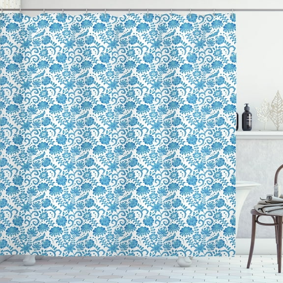 Ambesonne Floral Shower Curtain, Pattern of Bluish Flowers, 69"Wx75"L, Sea Blue and White