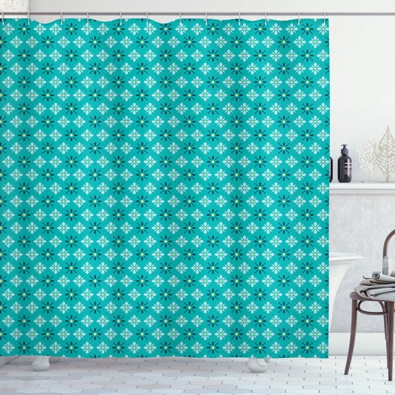 Ambesonne Floral Shower Curtain, Pixel Style Flowers Pattern, 69"Wx70"L, Dark Seafoam Pale Blue