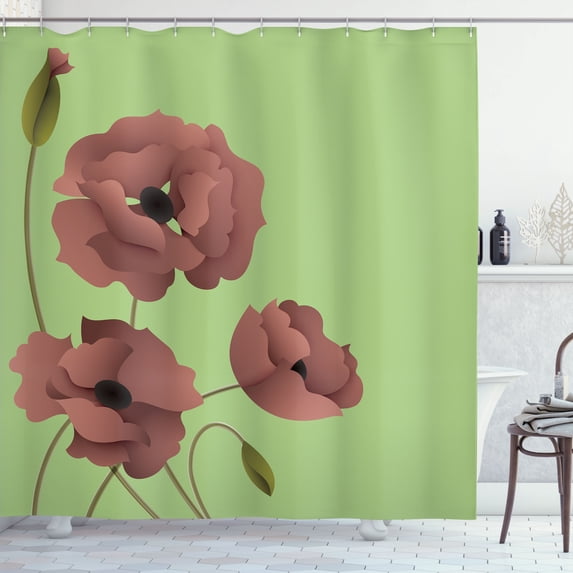 Ambesonne Floral Shower Curtain, Poppy Flowers Buds Pastoral, 69"Wx84"L, Pictachio Green
