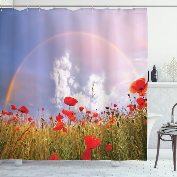 Ambesonne Floral Shower Curtain, Poppy Flowers on Meadow, 69"Wx70"L, Red Green Blue