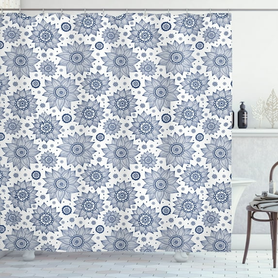 Ambesonne Floral Shower Curtain, Refined Sunflower Motifs, 69"Wx84"L, White Dark Sky Blue