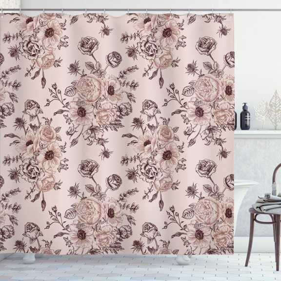 Ambesonne Floral Shower Curtain, Romantic Rose Flower Rococo, 69"Wx70"L, Warm Taupe