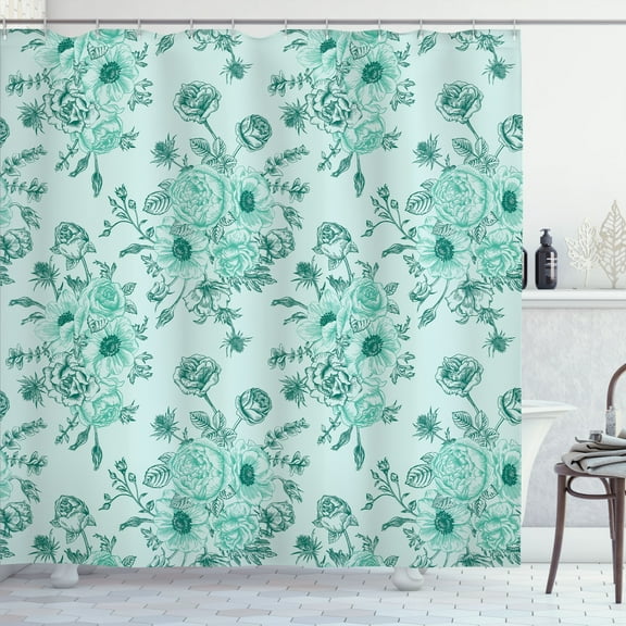 Ambesonne Floral Shower Curtain, Romantic Rose Flower Rococo, 69"Wx84"L, Mint Green