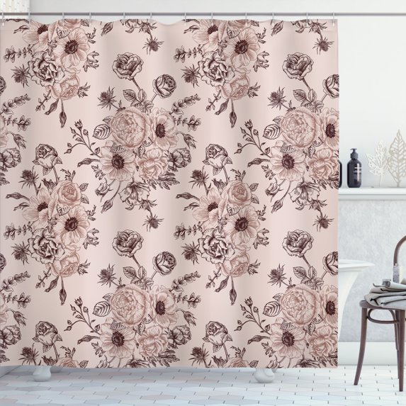 Ambesonne Floral Shower Curtain, Romantic Rose Flower Rococo, 69"Wx84"L, Warm Taupe