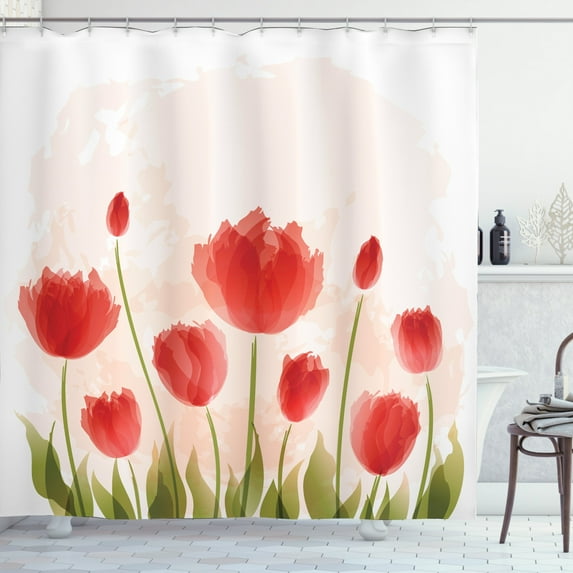 Ambesonne Floral Shower Curtain, Romantic Tulip Blossoms, 69"Wx70"L, Vermilion Green Peach