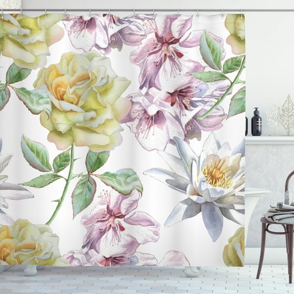 Ambesonne Floral Shower Curtain, Rose Petals Sakura Lily, 69"Wx84"L, Fern Green Pale Pink