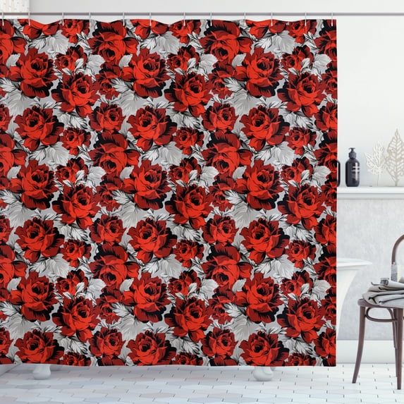 Ambesonne Floral Shower Curtain, Roses Vintage Valentines, 69"Wx84"L, Red Grey Black