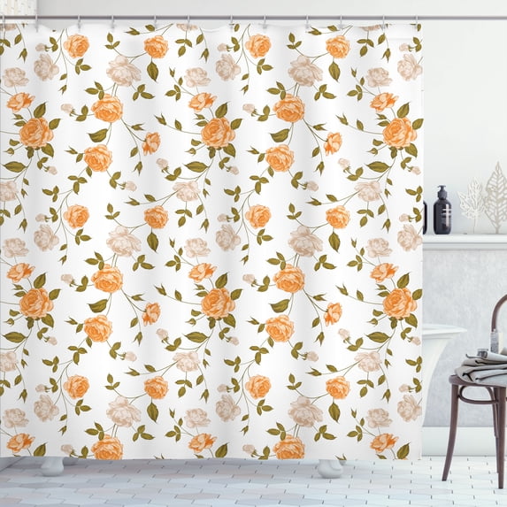 Ambesonne Floral Shower Curtain, Roses in Vintage Colors Plot, 69"Wx70"L, Persian Orange and Dark Khaki