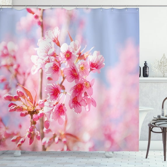 Ambesonne Floral Shower Curtain, Sakura Blossom Branches, 69"Wx84"L, Pale Pink Purplegrey