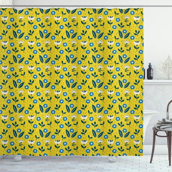 Ambesonne Floral Shower Curtain, Scandinavian Flowers Leaves, 69"Wx70"L, Yellow Azure Blue