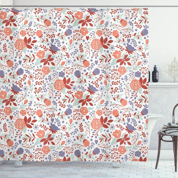 Ambesonne Floral Shower Curtain, Shabby Blooms Nature Print, 69"Wx84"L, Salmon Ivory