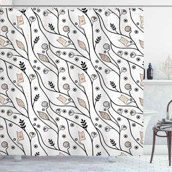 Ambesonne Floral Shower Curtain, Smiling Cats Leaves Flowers, 69"Wx84"L, Charcoal Grey Pale Peach
