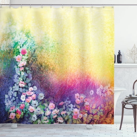 Ambesonne Floral Shower Curtain, Spring Flowers Ivy Art, 69"Wx84"L, Purple Yellow Multicolor