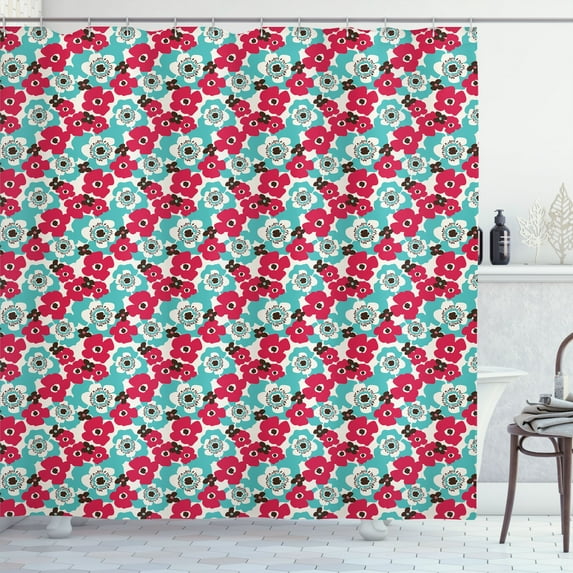 Ambesonne Floral Shower Curtain, Spring Nature Retro Sixties, 69"Wx75"L, Dark Coral Blue