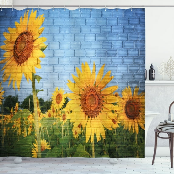 Ambesonne Floral Shower Curtain, Sunflowers on the Wall, 69"Wx75"L, Yellow Green