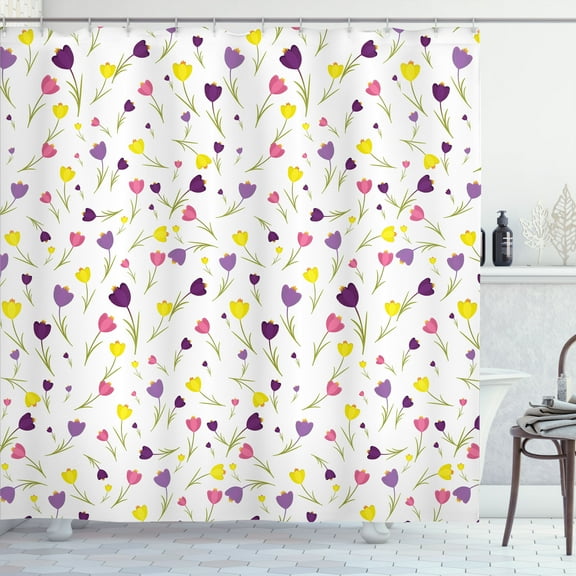 Ambesonne Floral Shower Curtain, Tulips Spring Romantic, 69"Wx75"L, Purple Yellow