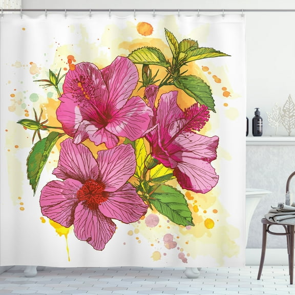 Ambesonne Floral Shower Curtain, Vibrant Hibiscus Flower, 69"Wx70"L, Earth Yellow Fuchsia