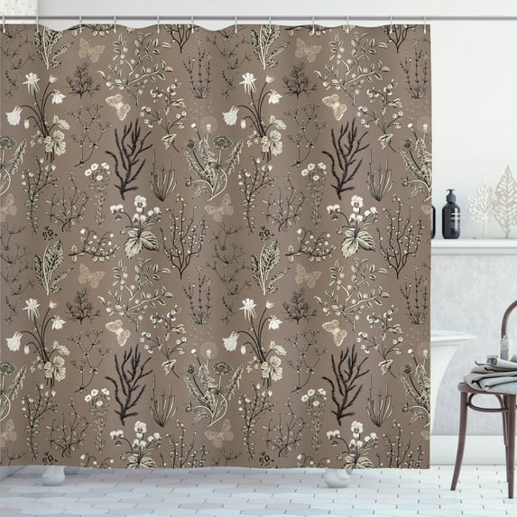 Ambesonne Floral Shower Curtain, Vintage Garden Botanical Art, 69"Wx70"L, Taupe White
