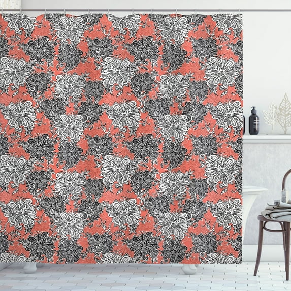 Ambesonne Floral Shower Curtain, Vintage Monochrome Flowers, 69"Wx75"L, Coral White and Charcoal Grey
