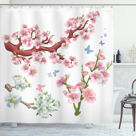Ambesonne Floral Shower Curtain, Vivid Flowering Branch, 69"Wx84"L, Pink Brown Green