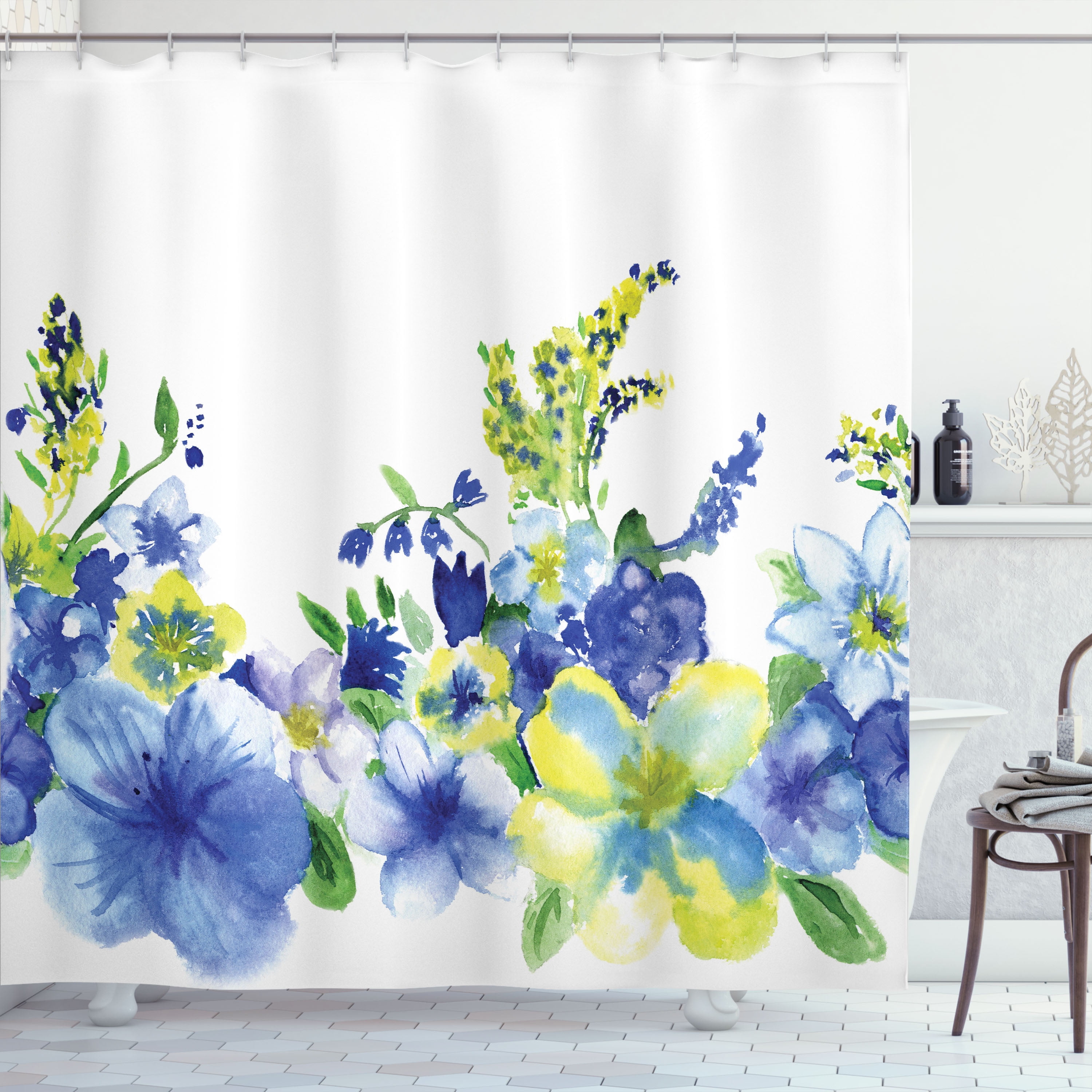 Vibrant Blue and Yellow Floral Fabric Shower Curtain with Hooks