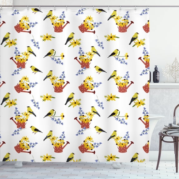 Ambesonne Floral Shower Curtain, Watering Cans with Birds, 69"Wx84"L, Multicolor