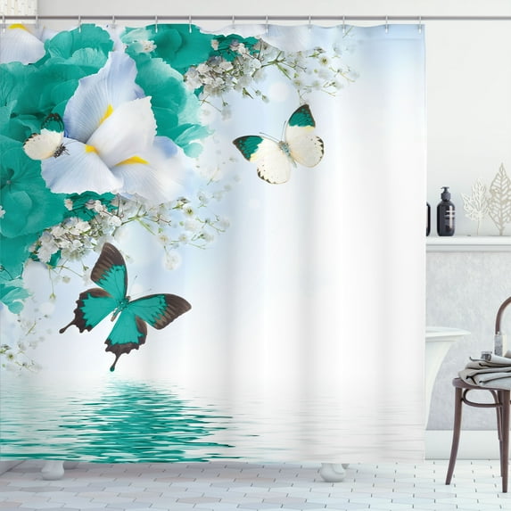 Ambesonne Floral Shower Curtain, Wild Flowers and Butterflies, 69"Wx70"L, Dark Seafoam