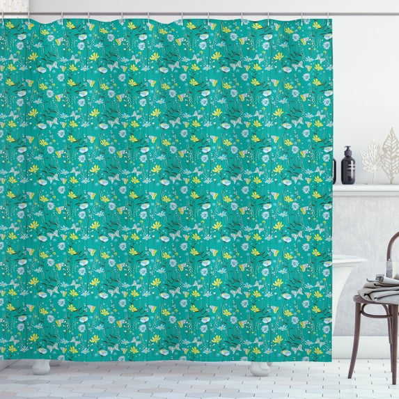 Ambesonne Floral Shower Curtain, Wild Flowers and Butterflies, 69"Wx84"L, Dark Seafoam and Multicolor
