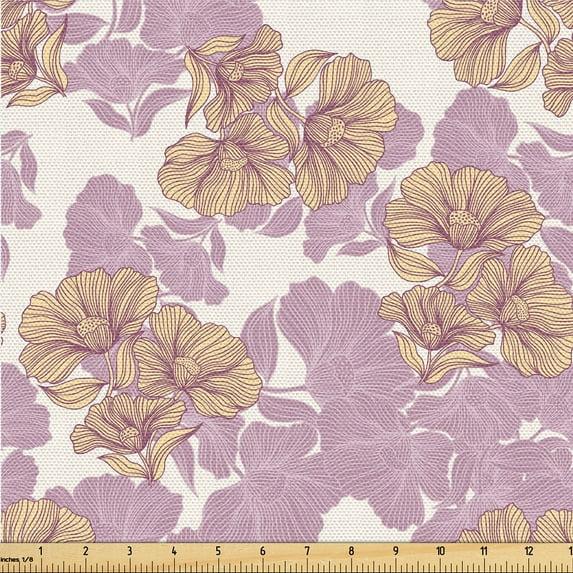 Ambesonne Floral Silhouettes Fabric by the Yard Upholstery, Bicolored Blooms, 2 Yards, Mauve Pastel Yellow