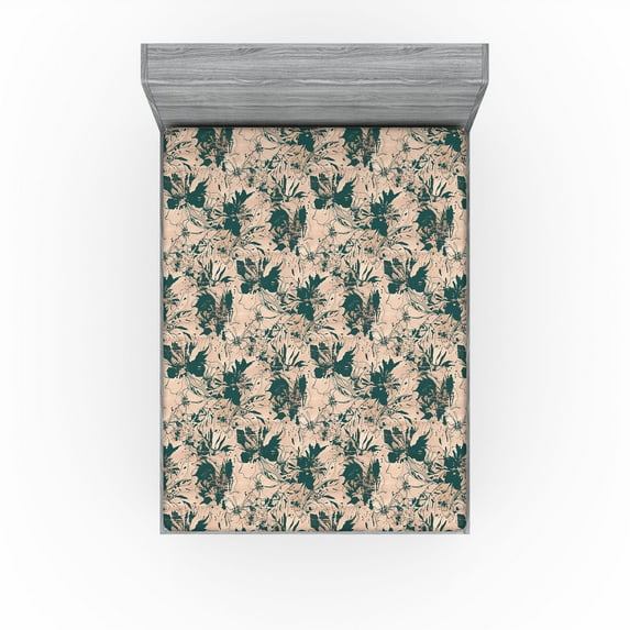 Ambesonne Floral Silhouettes Fitted Sheet, Forest Flowers, California King, Hunter Green Pale Salmon