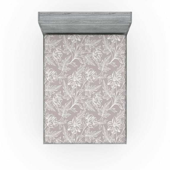 Ambesonne Floral Silhouettes Fitted Sheet, Leafy Blooms Art, Full Size, Taupe Grey and White