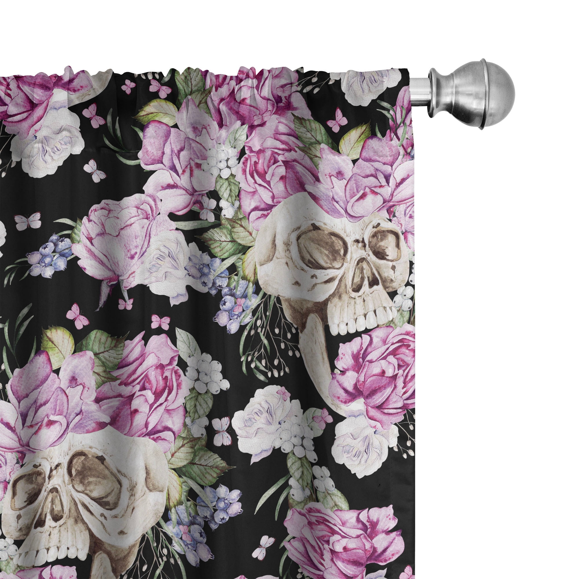 Floral Skull Black and Pink Microfiber Room Darkening Curtains