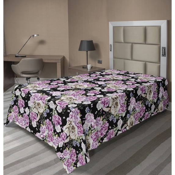 Ambesonne Floral Skull Flat Bedding Sheet Soft Top Sheet, Goth Rose Peony Flower, Twin, Soft Pink Olive Green